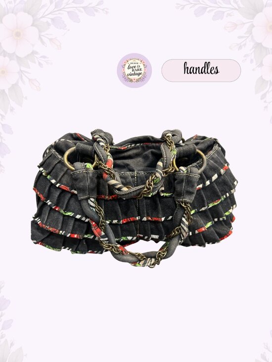 Y2K Betseyville Denim Ruffle Satchel • Betsey Johnson Cherry Charm Handbag - Picture 7 of 13